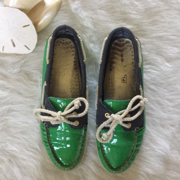Sperry Navy and Green Patent Boat Shoes - Picture 2 of 8
